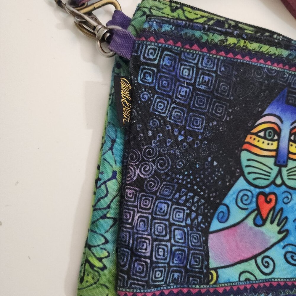 Laurel Burch "Wishing Love Cat" Canvas Crossbody Purse Blue and Green - Picture 4 of 10
